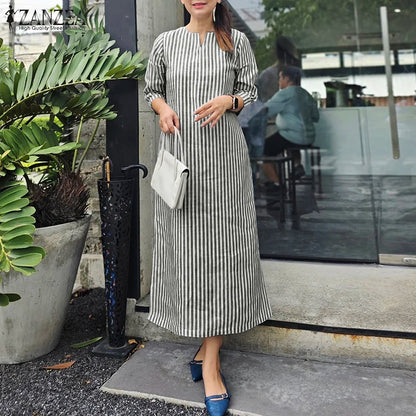 2025 Autumn Striped Dresses ZANZEA Fashion Women V Neck Long Sleeve Work Dress Elegant Office OL Sundress Maxi Long Vestido Robe