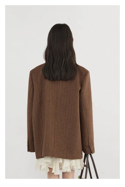 CHIC VEN Women Woolen Blazer Loose Vintage V Neck Female Jacket Suit Double Breasted Office Ladies Coat Spring Autumn 2025