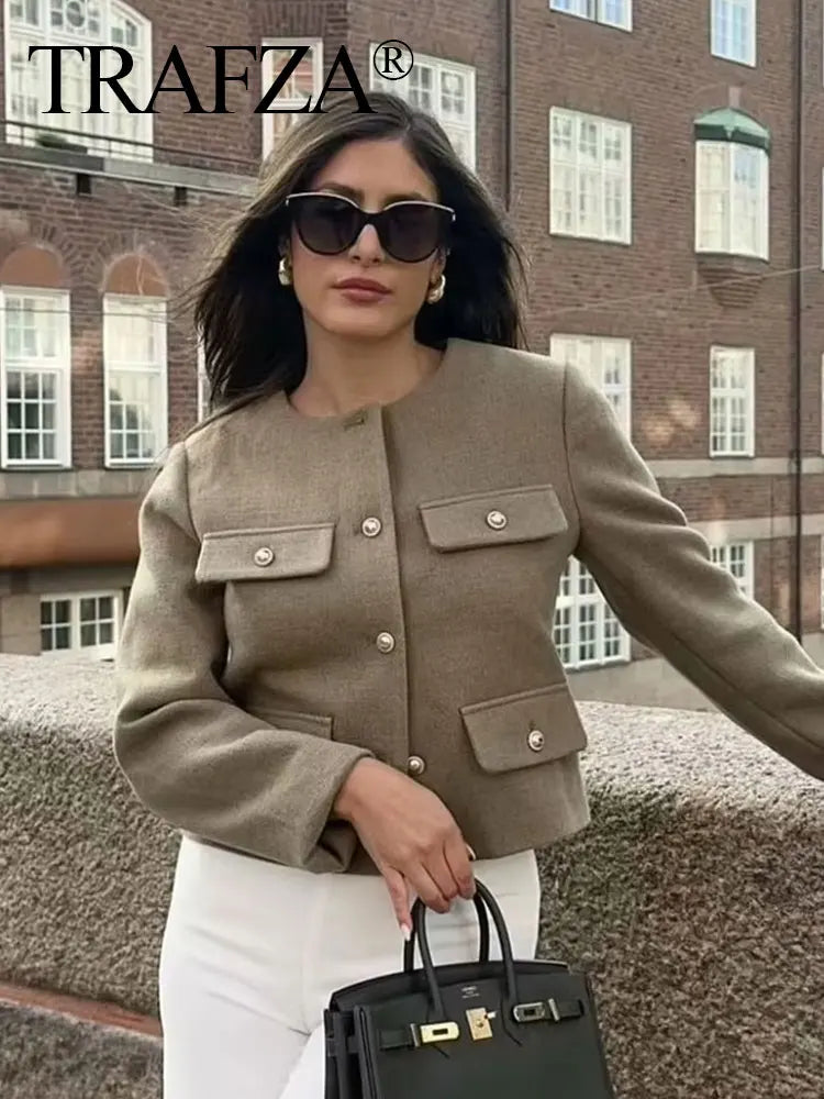 TRAFZA Women Vintage Solid Coat Button Long Sleeve O Neck Jacket With Pocket 2024 Autum Elegant Female Casual Outerwear Jakcet