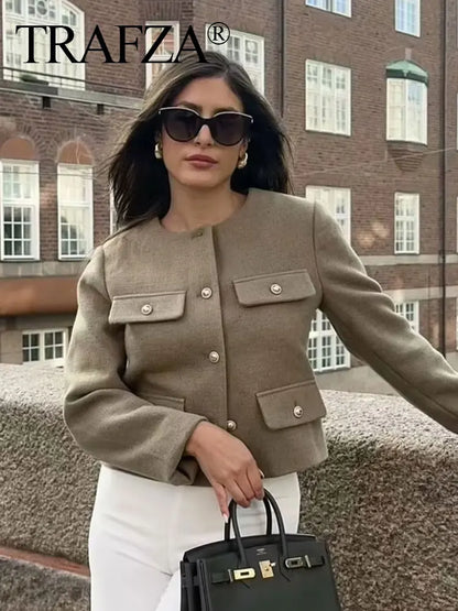 TRAFZA Women Vintage Solid Coat Button Long Sleeve O Neck Jacket With Pocket 2024 Autum Elegant Female Casual Outerwear Jakcet