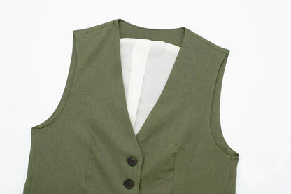 TRAFZA Women's Fashion Solid Linen Waistcoat Top V Neck Button Loose Casual Vest Summer Woman Streetwear Chic Vests Waistcoat