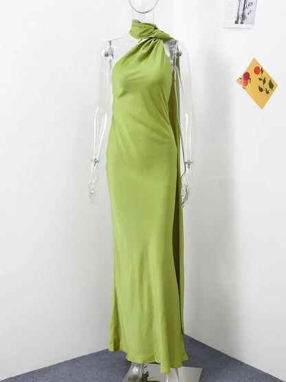 Elegant Satin Ribbon Halter Backless Sleeveless Dress for Women Slim Fit Party Evening Robes Lady Solid Color Autumn Summer 2025