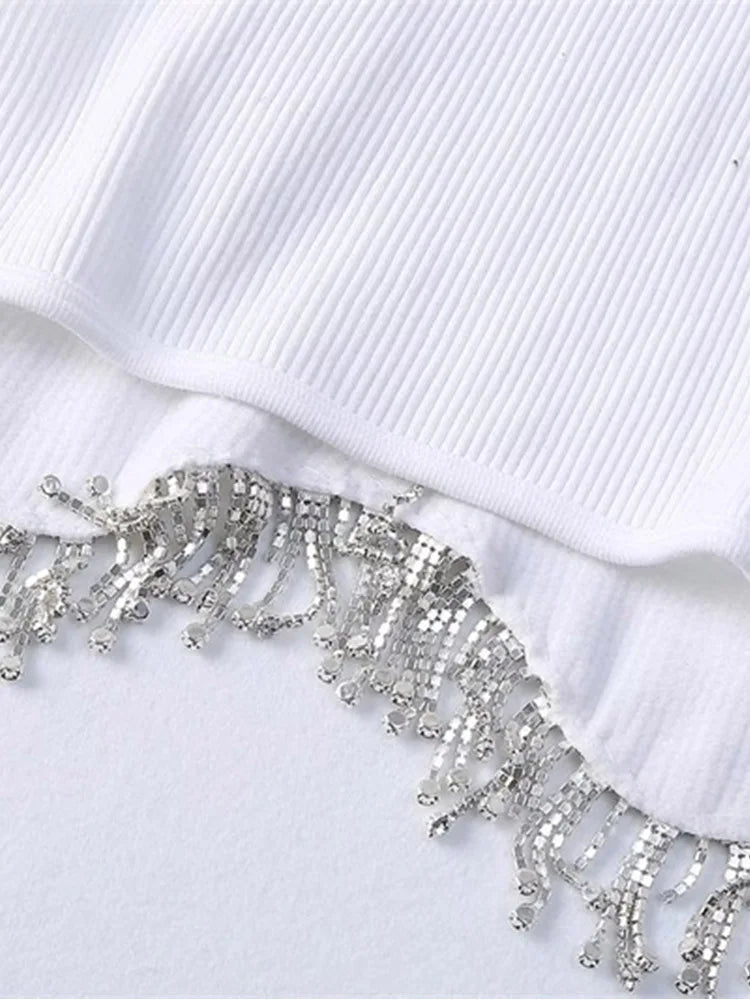 High Street Sexy Hem Tassel Diamond Beading Knitting T Shirt Chic Short Camis Tank Lady Slim Crop Vest Tops