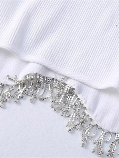 High Street Sexy Hem Tassel Diamond Beading Knitting T Shirt Chic Short Camis Tank Lady Slim Crop Vest Tops