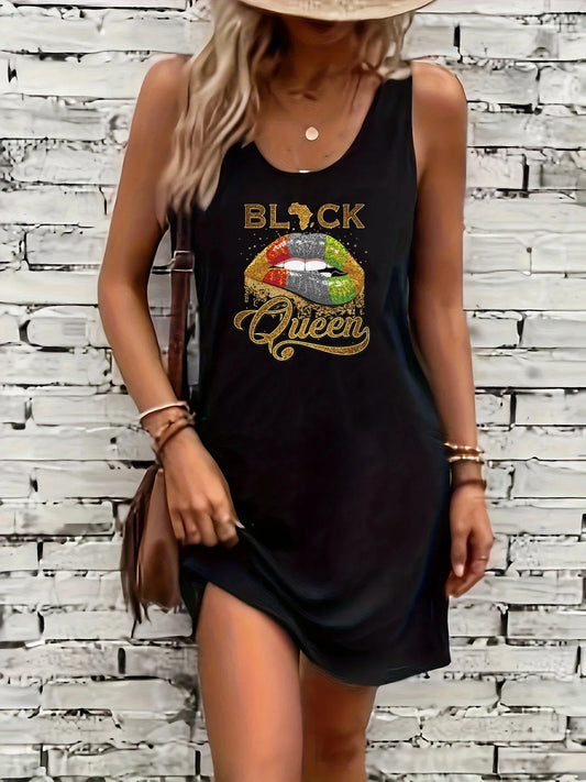Women's summer loose and comfortable casual lip print letter pattern print black sleeveless vest skirt punk style dress