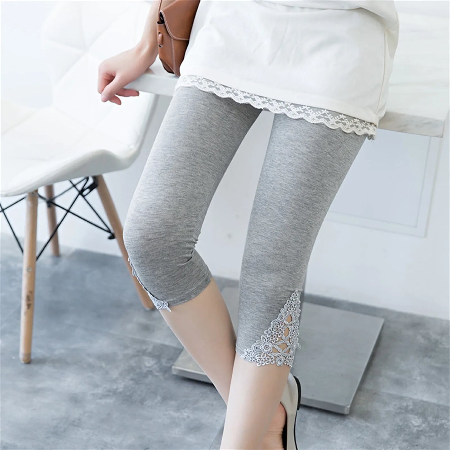 Women Summer Hollow Lace Stretch Leggings Sports Fitness Skinny Pants Crop 3/4 Length Leggings Capris Cropped Modal Pant