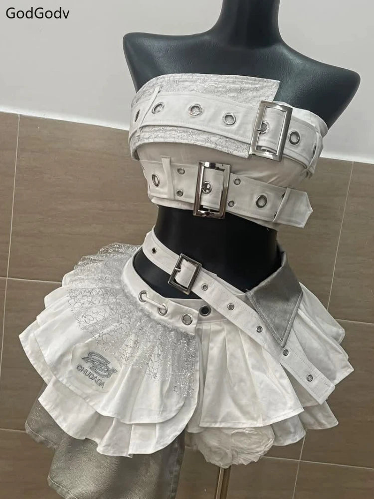 Punk Style Vintage Elegant Y2K Woman 2 Piece Sets Gothic Sleveless Crop Tops +High Waist Ruffle Skirt Female Party Chic Outfits