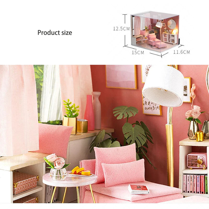 木製ミニチュアドールハウス DIY 小さな家キット 3Dパズル 組み立て式ハウス 家具 おもちゃ 子供の誕生日プレゼント