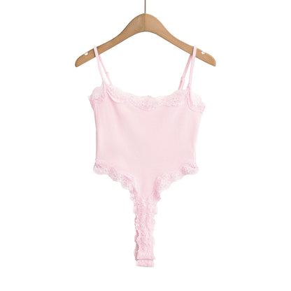 Sexy Bodysuit Tops For Women 2025 Summer Y2k Clothes Lace Panel BodySuits Women Solid Color Cami Bodysuit Backless Lace Top Pink