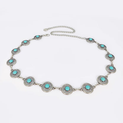 Fashion Silver Bohemian female circular waist chain luxury blue gemstone Ellipse chain belts for women suitable for Skirts dress
