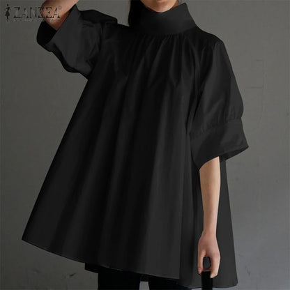 ZANZEA Elegant Women High Collar Half Sleeve Blouse Summer Casual Loose Shirt Fashion Work OL Tops Female Party Blusas Chemise