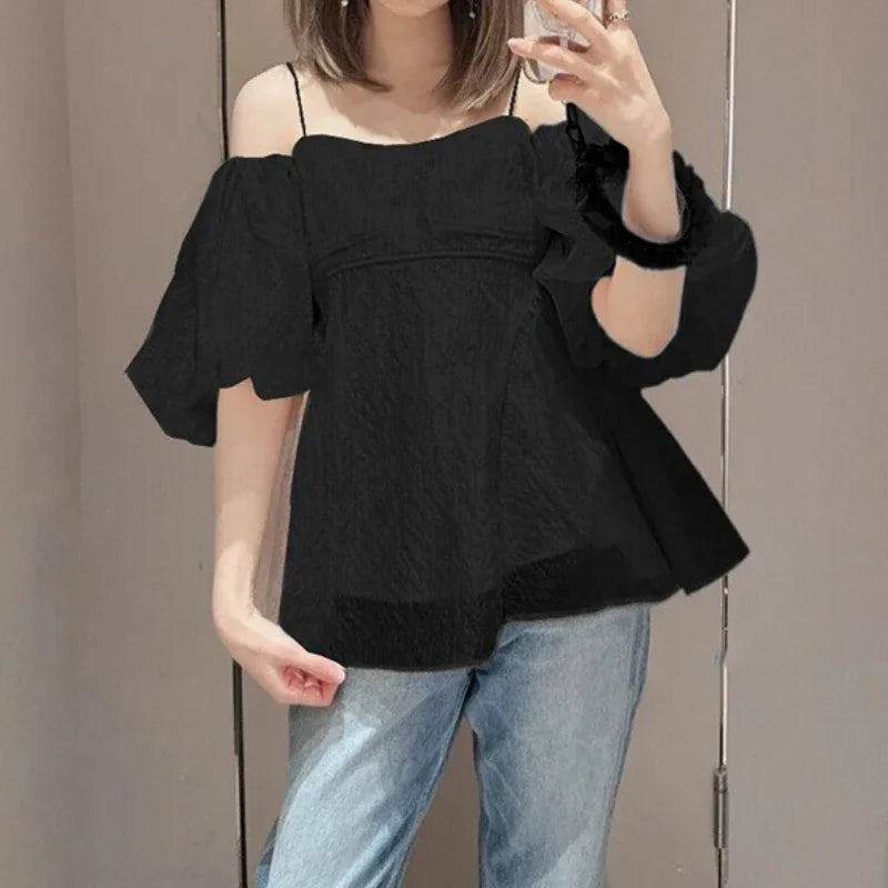 Japanese Print Blusas Mujer Sexy Off Shoulder Puff Sleeve Shirts & Blouses Woman 2025 Clothing Loose Camisas Summer New Ropa