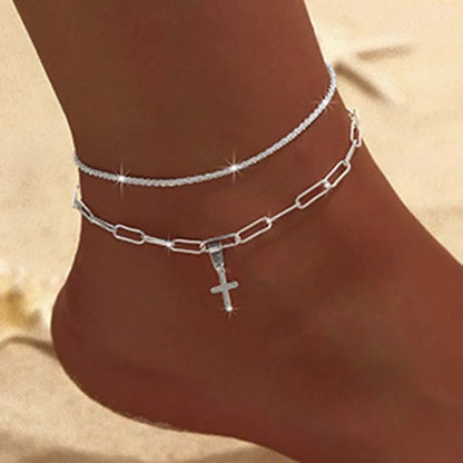 Sparkling Thin Chain Anklet For Women Zircon Heart Cross Pendant Double Layer Bracelet On Leg Foot Trendy Summer Beach Jewelry