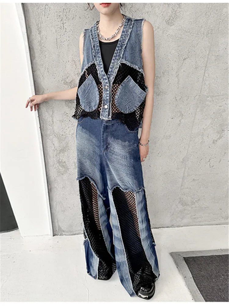 Grid Stitching V-Neck Denim Vest Women's Summer Fried Street Fashion Brand Loose Burrs Short Sleeveless Vests Jackets Female