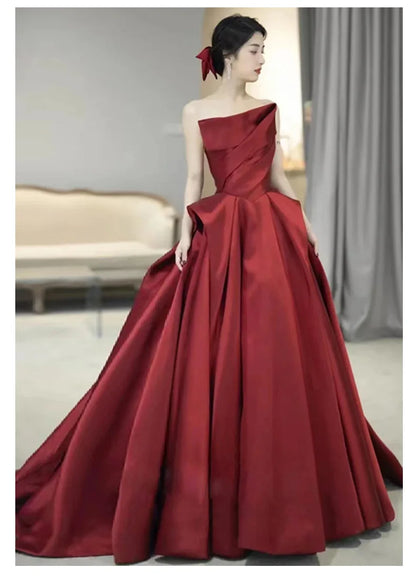 party dresses women evening satin strapless host evening dress female banquet temperament bride toast wine red black prom dress