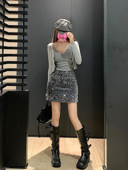High Waist Sequined Casual A Line Skirts Women 2025 Elegant Korean Fashion Y2k Clothes Sweet Kawaii Black Micro Skirt Harajuku