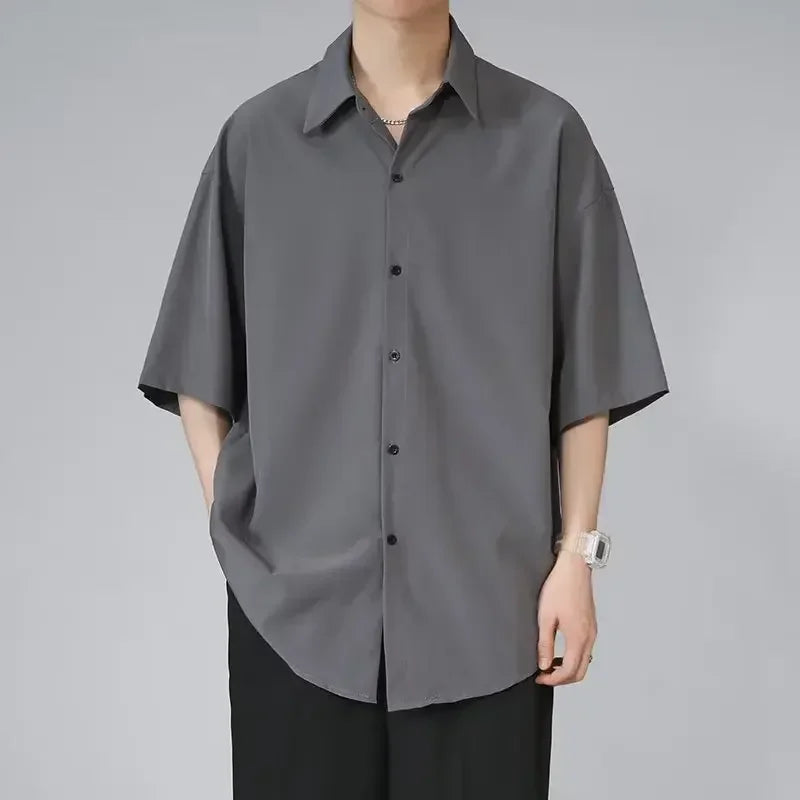 Men's Ice Silk Short Sleeve Shirt Casual Loose Fit Korean Style Trendy Black Shirt For Summer Thin Sleeve Casual