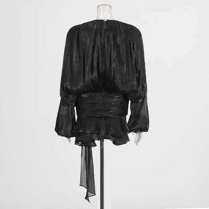 TWOTWINSTYLE Solid Blouse Mini Dresses For Women V Neck Long Sleeve Spliced Lace Up Sweet Style Dress Female Clothing Fashion