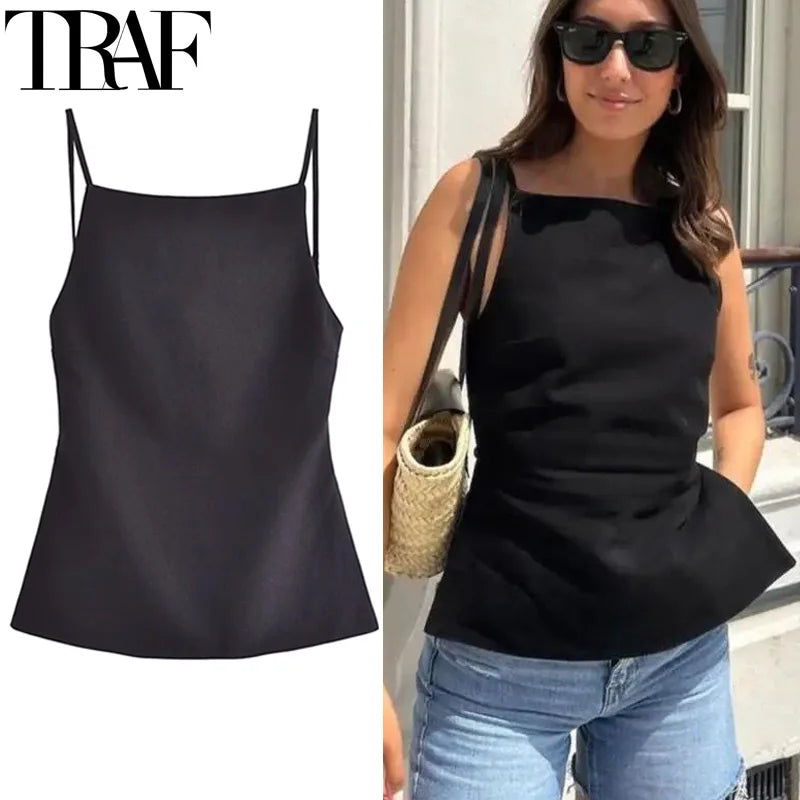 TRAF Sleeveless Women's Tanks Top Summer Black Crop Top Women Sexy Backless White Top Woman Fashion Party Short Tops With Straps