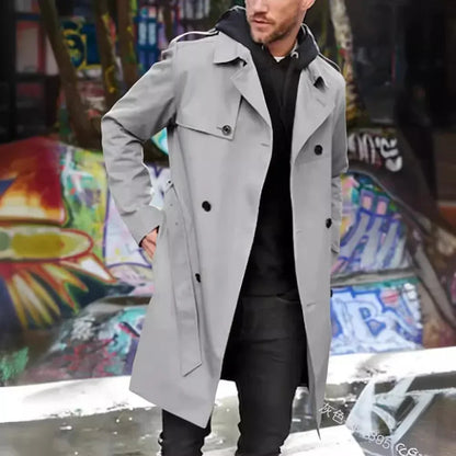 European and American Men's Lapel Slim Fit Double-Breasted Casual Coat Spring and Autumn Solid Color Long Sleeve Windbreaker