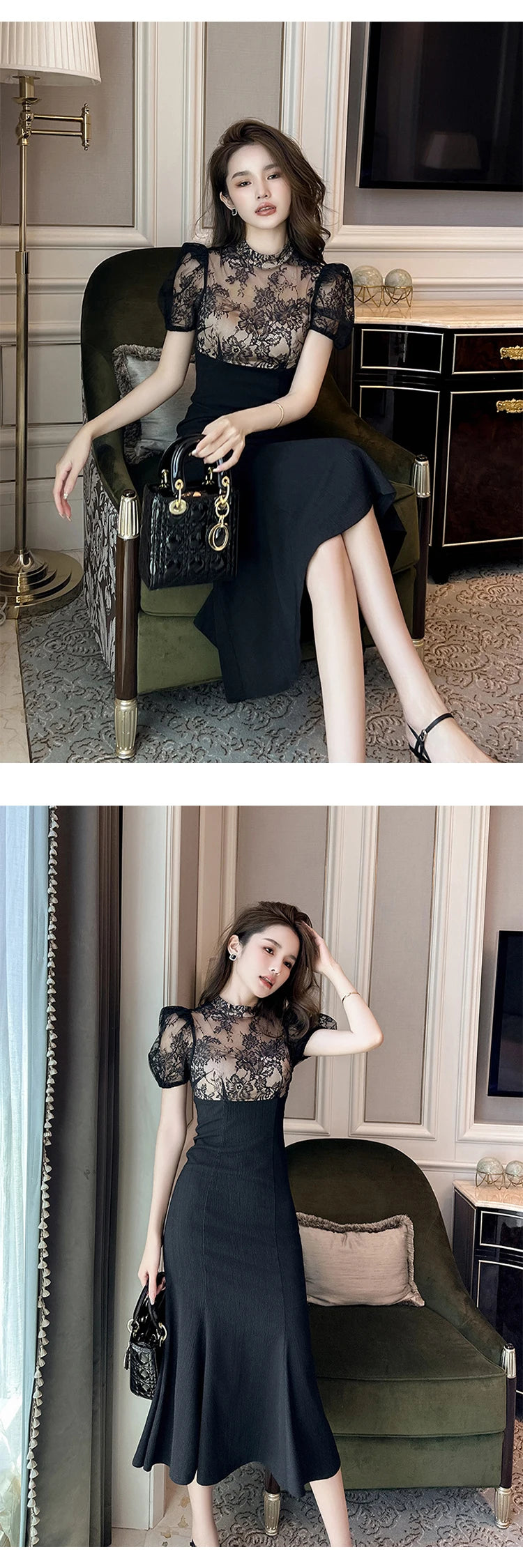 Elegant Style Long Dress Women Retro Chic Sexy Black Sheer Lace Spliced High Waist Fishtail Robe Femme Party Prom Vestidos Mujer
