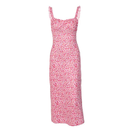 Hbenna Summer Dresses For Women Floral Print Sexy Y2K Ankle-Length Party Dresses Women Skinny Spaghetti Strap Long Dresses Pink