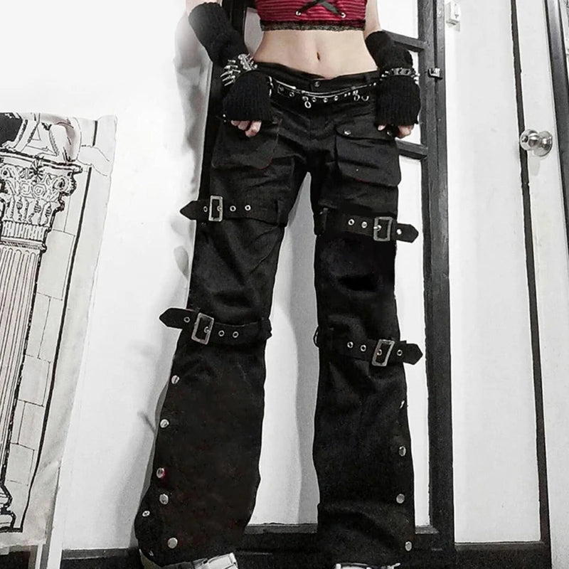 2022 trend Women Black Cargo Jeans with Multi Pockets Metal Buckle Belt Straight Trousers