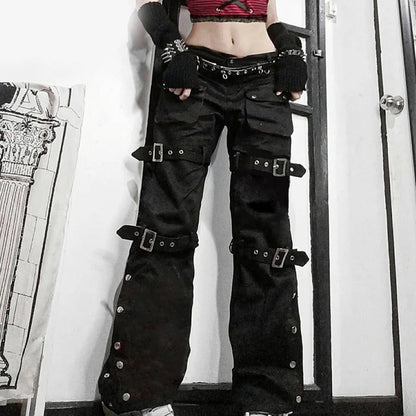 2022 trend Women Black Cargo Jeans with Multi Pockets Metal Buckle Belt Straight Trousers