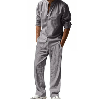 2025 New Spring and Summer Men's Suit Linen Casual Loose Breathable Long Sleeves Shirt Trousers 2Set of Beach Vacation Essential