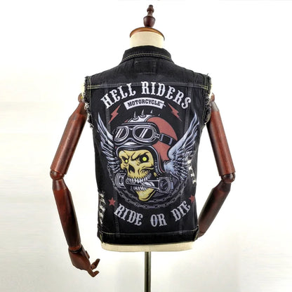 2024 new men's denim jacket retro fashion motorcycle sleeveless denim jacket high street handsome motorcycle vest men's clothing