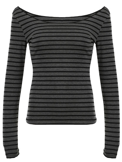 Sweetown Japanese Basic Slim Long Sleeve Stripe Tee Off Shoulder O Neck Korean Street Style Spring Autumn Y2K Gray T Shirt Women