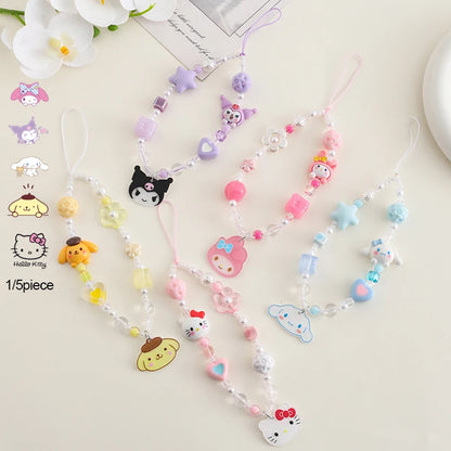 1/5piece Hello Kitty Kuromi Melody Cinnamoroll Pom Pom Purin Sanrio Cartoon Phone Rope Acrylic Hanging Rope Pendant