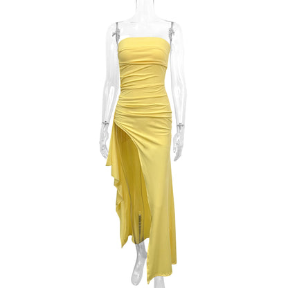 Giyu Sexy Club Evening Party Dresses Women 2025 Summer Slash Neck Backless Ruffles Split Maxi Long Dress Elegant Bodycon Robe