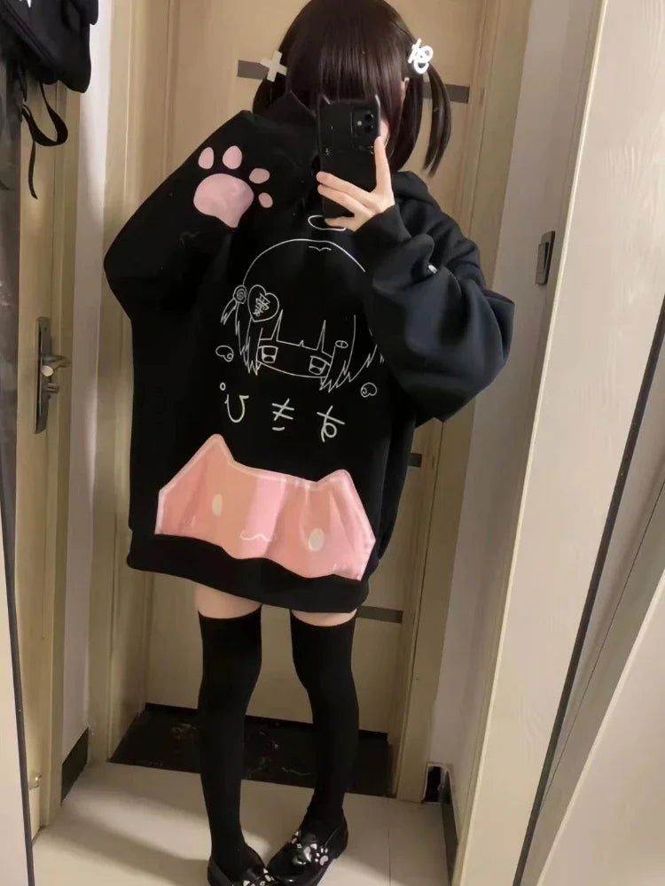 日本の漫画プリントフリースパーカー レディース 原宿ゴシック 猫耳 フード付き ヴィンテージ パーカー ストリートウェア Y2K 美的 スウェットシャツ