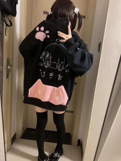 日本の漫画プリントフリースパーカー レディース 原宿ゴシック 猫耳 フード付き ヴィンテージ パーカー ストリートウェア Y2K 美的 スウェットシャツ