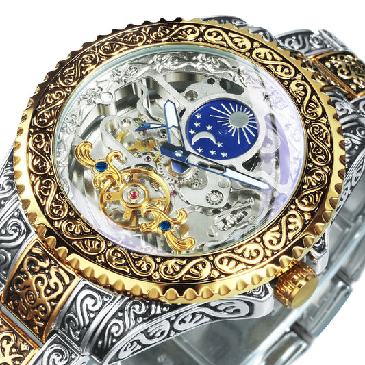 WINNER Luxury Tourbillon Skeleton Automatic Mechanical Watch for Men Luminous Hands Vintage Engraved Mens Watches Steel Strap