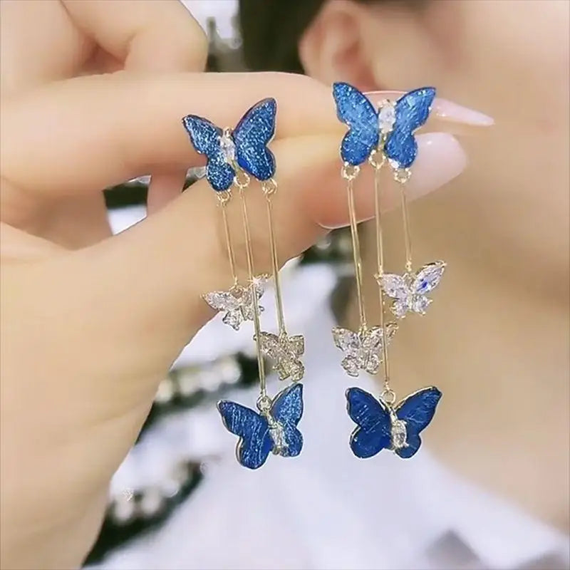 925 Silver Needle Blue Purple Butterfly Long Tassel Earrings For Women Jewelry 2025 Trending New Korean Crystal Drop Earrings