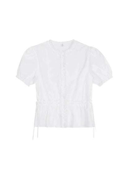 Women French Gentle Style Fungus Edges O-neck Puff Short-sleeved Shirts Summer Lace-up Bow Waist Slimming Single Breasted Blouse