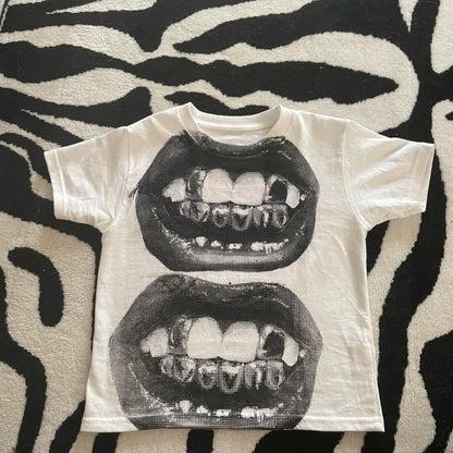 Y2K clothes 2000s vintage Harajuku fairy garbage blouse women's T-shirt Goth lip KISS print E-girl EMO Crop women's club top