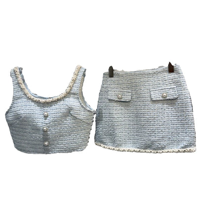 Women's Elegant Two Pieces Tweed Pearls Skirt Set Lady High Street Sexy O Neck Sleeveless Crop Tank Top + Minis Kirt