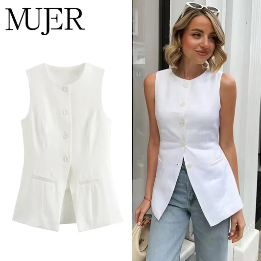 MUJER 2025 White Sleeveless Vest Women Button Summer Vests for Women Jacket Pink Vest Top Women Streetwear Women's Tailored Vest
