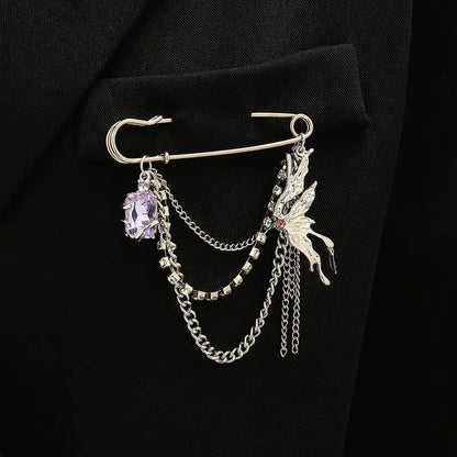 Korean Style Metal Butterfly Chain Brooch For Women Men Suit Decoration Tassel Chain Metal Beads Pin Cloth Jewelry Accessories