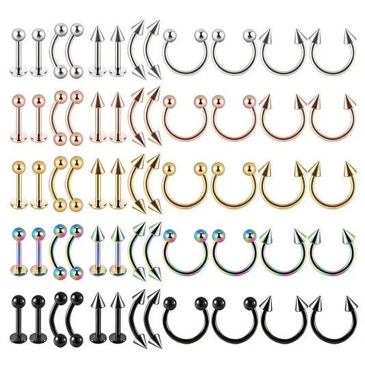 12PC/set Surgical Steel Body Piercing Jewelry Lot Bulk Nose Ring Tongue Bar Lot Eyebrow Labret Piercing Set Horseshoe Ring