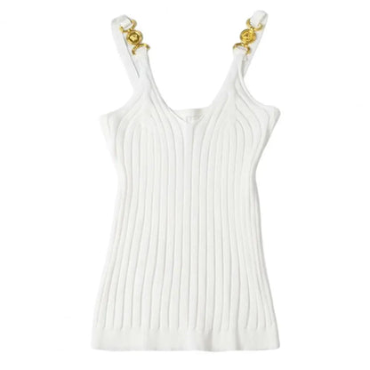 Women's Vest Solid Color Metal V Neck Backless Sleeveless Daily Wear Slim Striped Women's Summer Vest Women's Camisole Tops