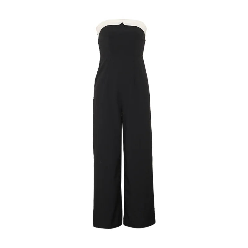 Women's Elegant Sleeveless Jumpsuits Summer High Waist Wide Leg Rompers Fashion Black White Splice Off Shoulder Party Playsuits