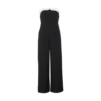 Women's Elegant Sleeveless Jumpsuits Summer High Waist Wide Leg Rompers Fashion Black White Splice Off Shoulder Party Playsuits