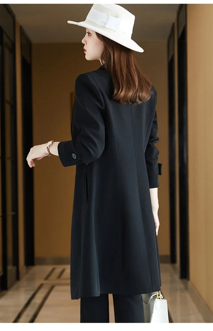 2022 Winter High-end Women's Business Suit Pants Two-piece Set Temperament Slim Solid Color Lady Double Breasted Trench Coat