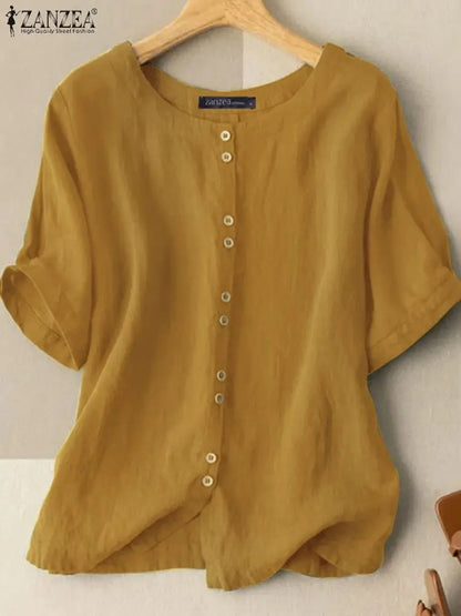 ZANZEA Summer Casual Loose Tunic Tops Women Vintage OL Shirt O Neck Short Sleeve Blouse Solid Cotton Blusas Buttons Down Chemise