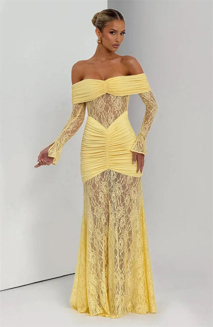 Mozision Off-shoulder Long Sleeve Sexy Maxi Dress Women Fashion Lace See Through Strapless Backless Bodycon Club Party Dresses