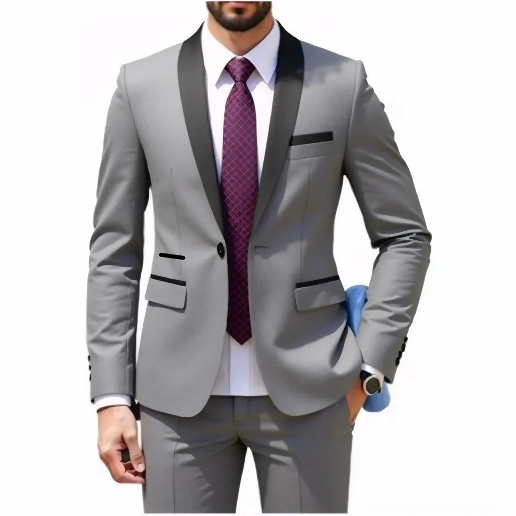 A Two-piece Suit for Men with A Green Collar, A Wedding Suit for The Groom, A Fitted Black Best Man's Suit, and A Wedding Dress